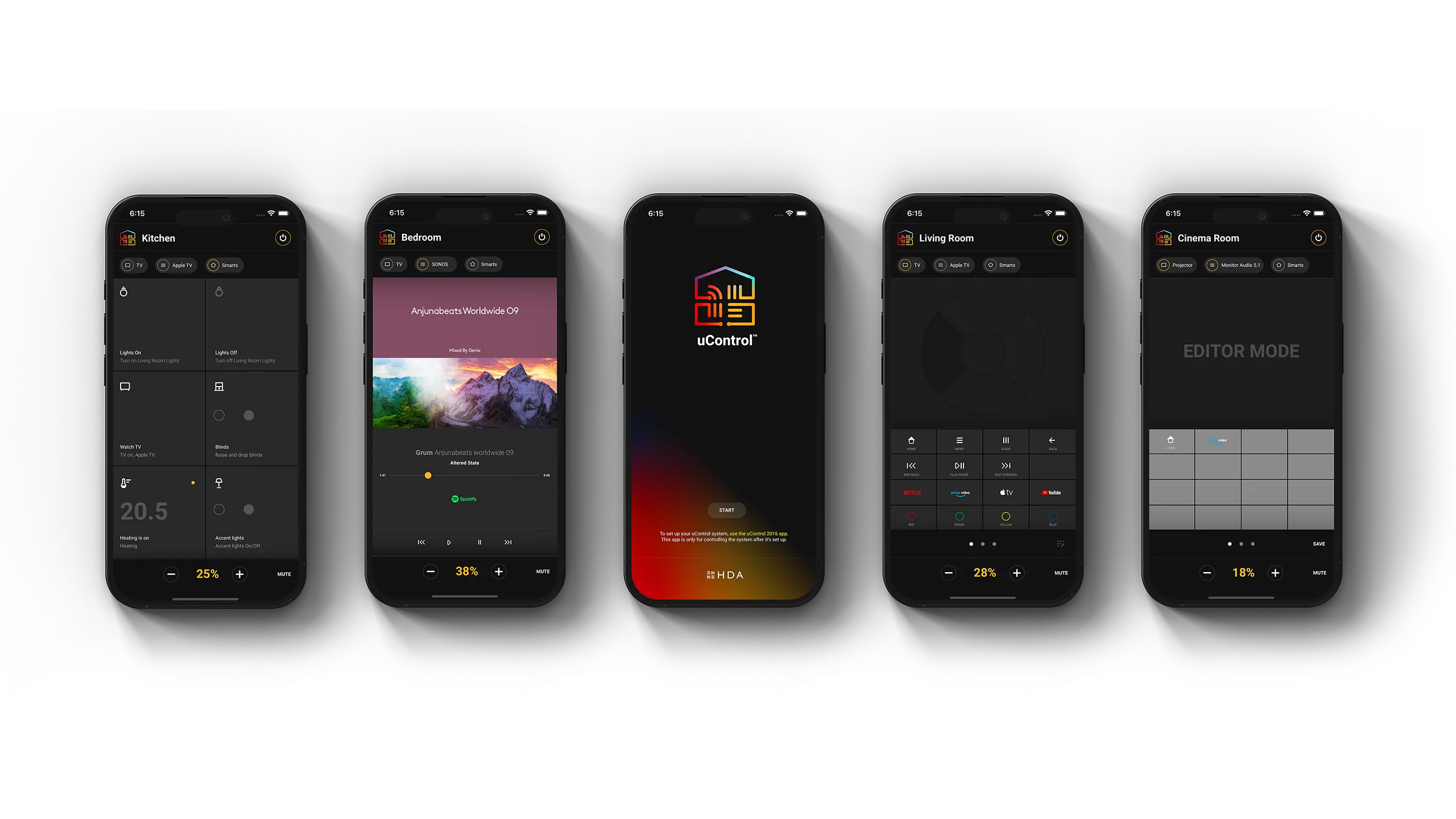 A selection of uControl app screehots showing different AV control options